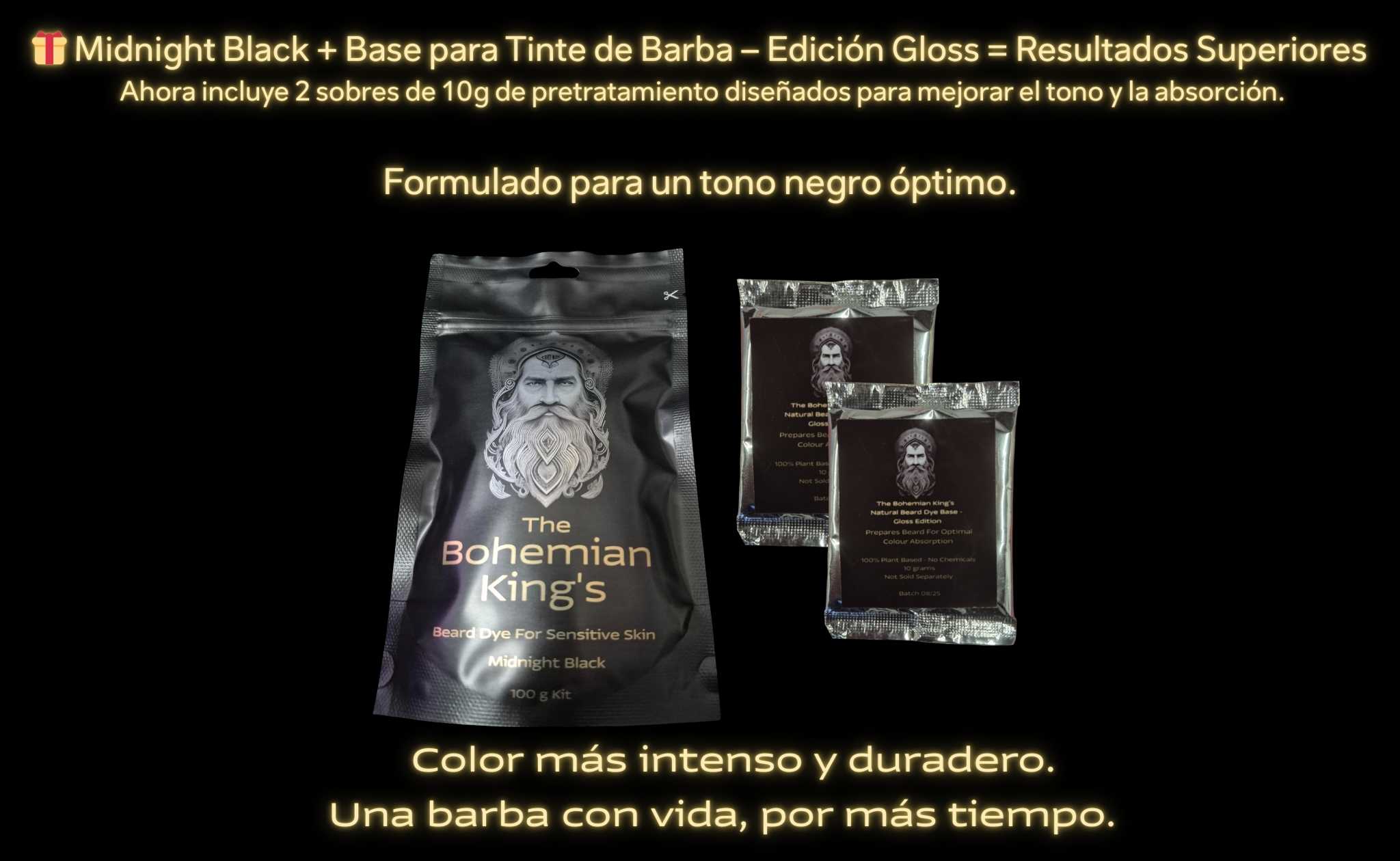 The Bohemian Kings Midnight Black Now includes 2 x 10g Beard Base Gloss Product on Black Background in Spanish
