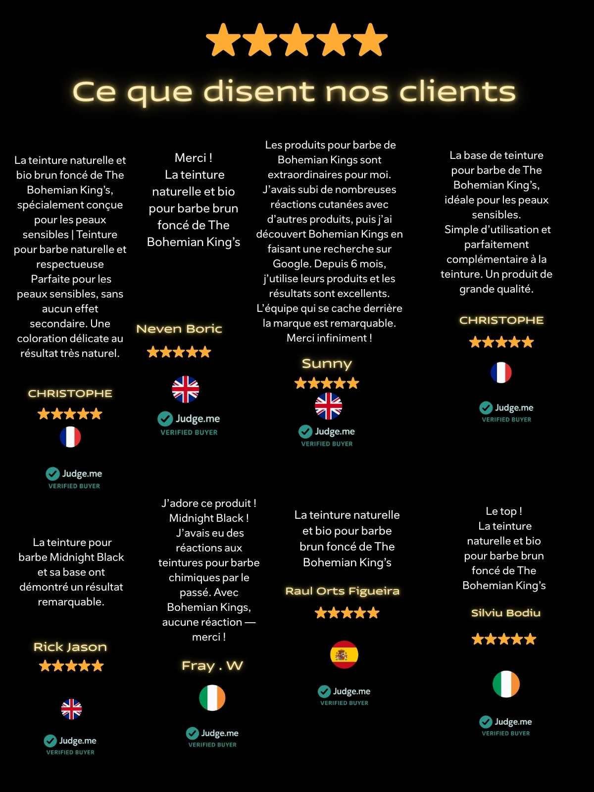 Product reviews with 5 star ratings and customer comments in French on a black background