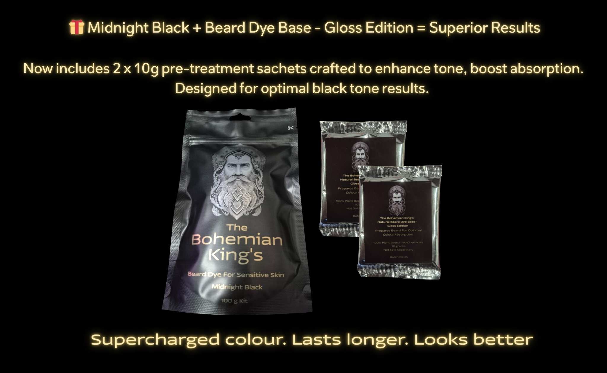 Product packaging for 'The Bohemian King's' beard dye base with text on a black background.