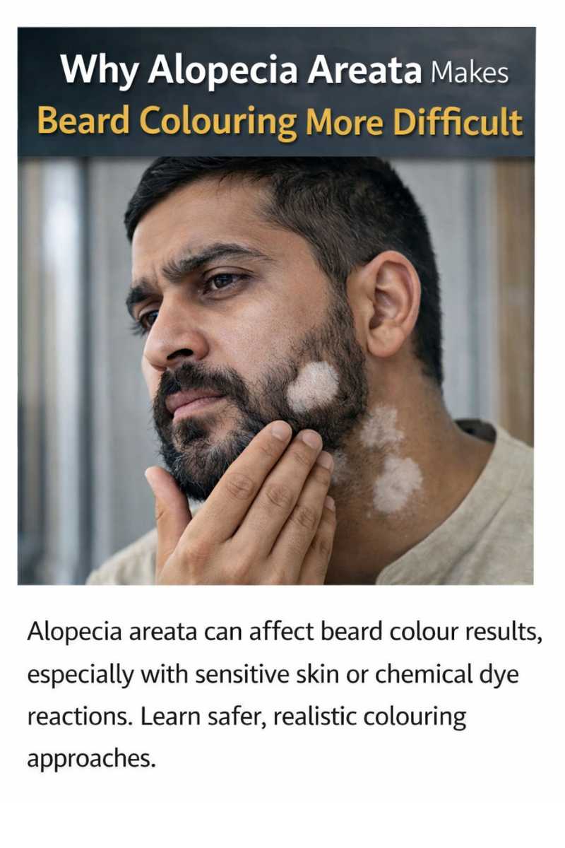 Man with alopecia areata examining patchy beard hair, showing why beard colouring can be challenging for sensitive skin and PPD allergy sufferers.