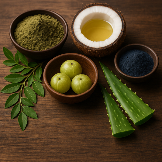 Natural beard-dye ingredients—amla, henna, indigo, coconut oil and aloe vera—illustrate the plant-based formula promoted in this article.