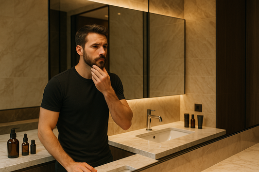 Man Thinking Looking in Mirror - Plant Based Beard Dye