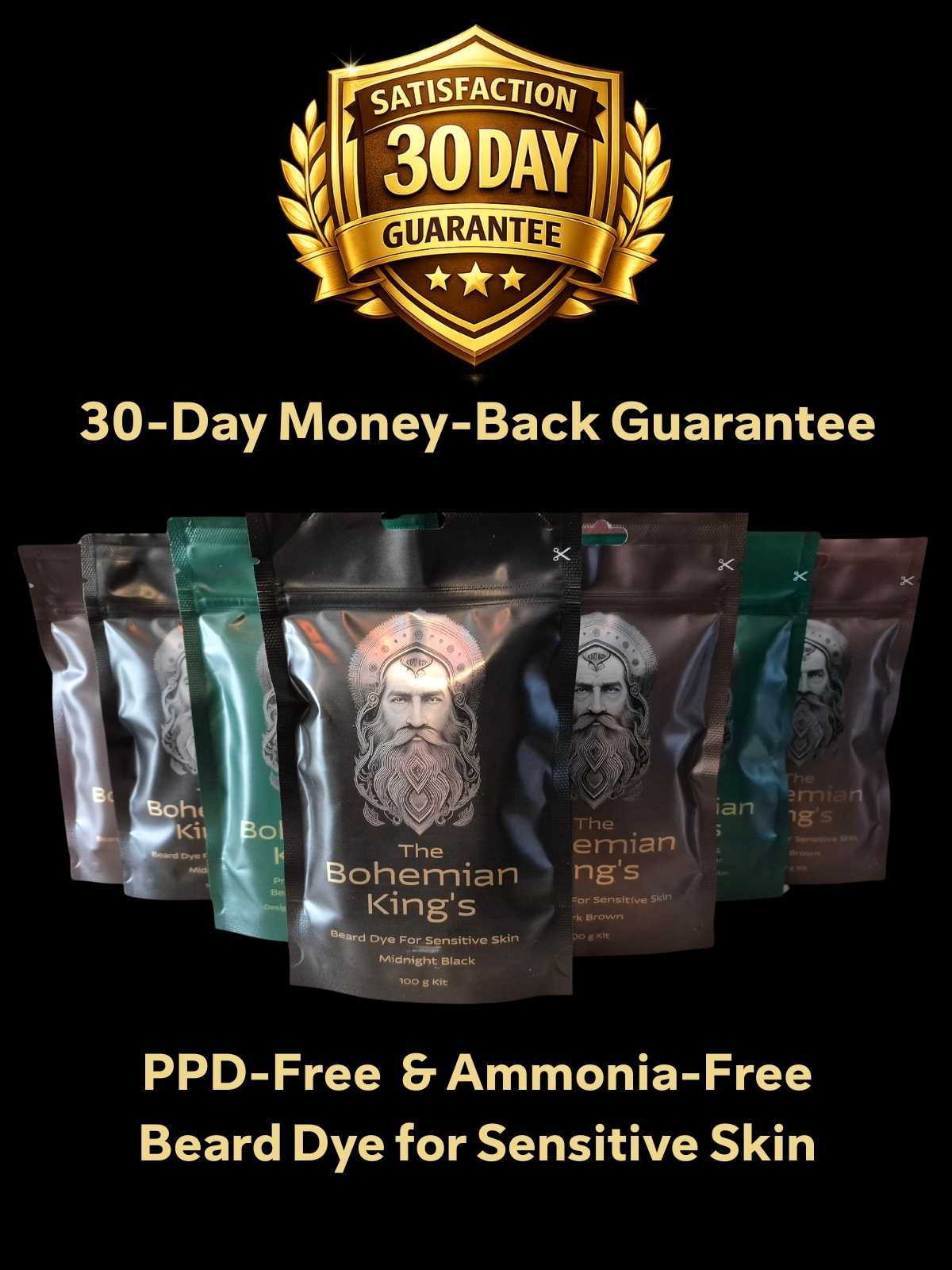 Bohemian King's beard dye packages with a 30-day money-back guarantee on a black background.