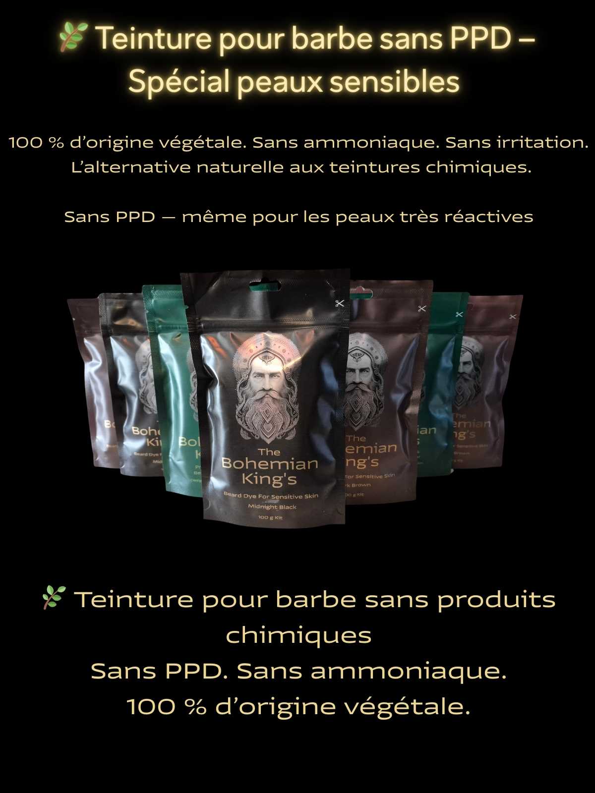 Teinture pour barbe sans PPD d’origine végétale, conçue pour les hommes à la peau sensible, sans ammoniaque et sans produits chimiques agressifs.