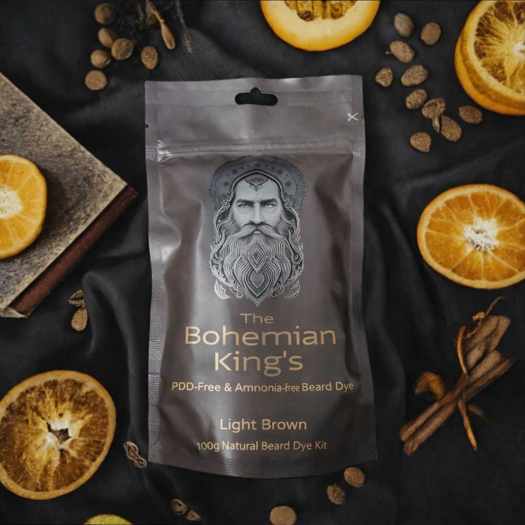 A stand-up pouch of beard dye centered on a dark fabric background, surrounded by dried orange slices, cinnamon sticks, and small brown beads. The pouch reads 'The Bohemian King's' and 'Light Brown,' with a silver illustrated portrait on the front.