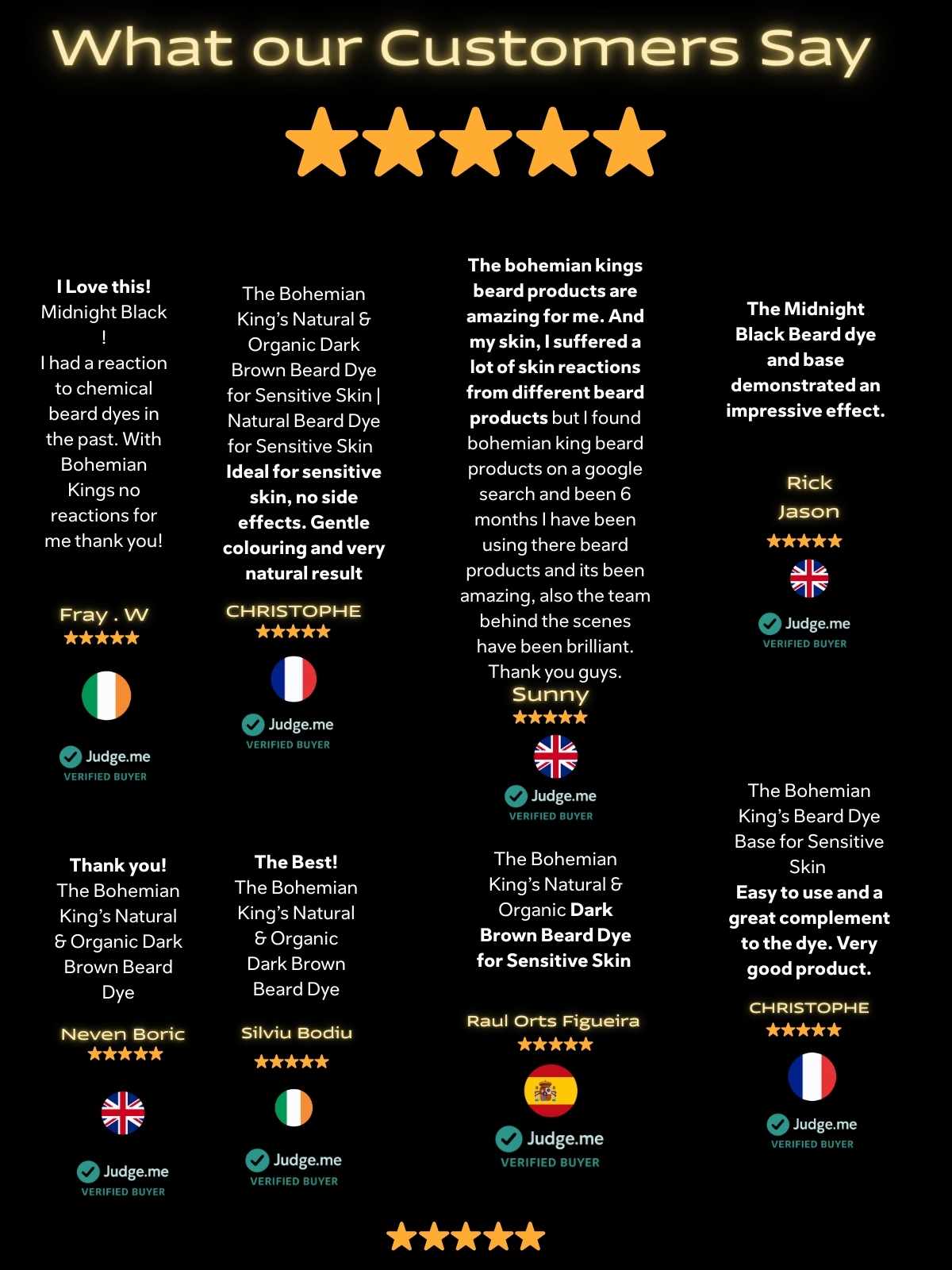 Five-star rating system with customer testimonials on a black background