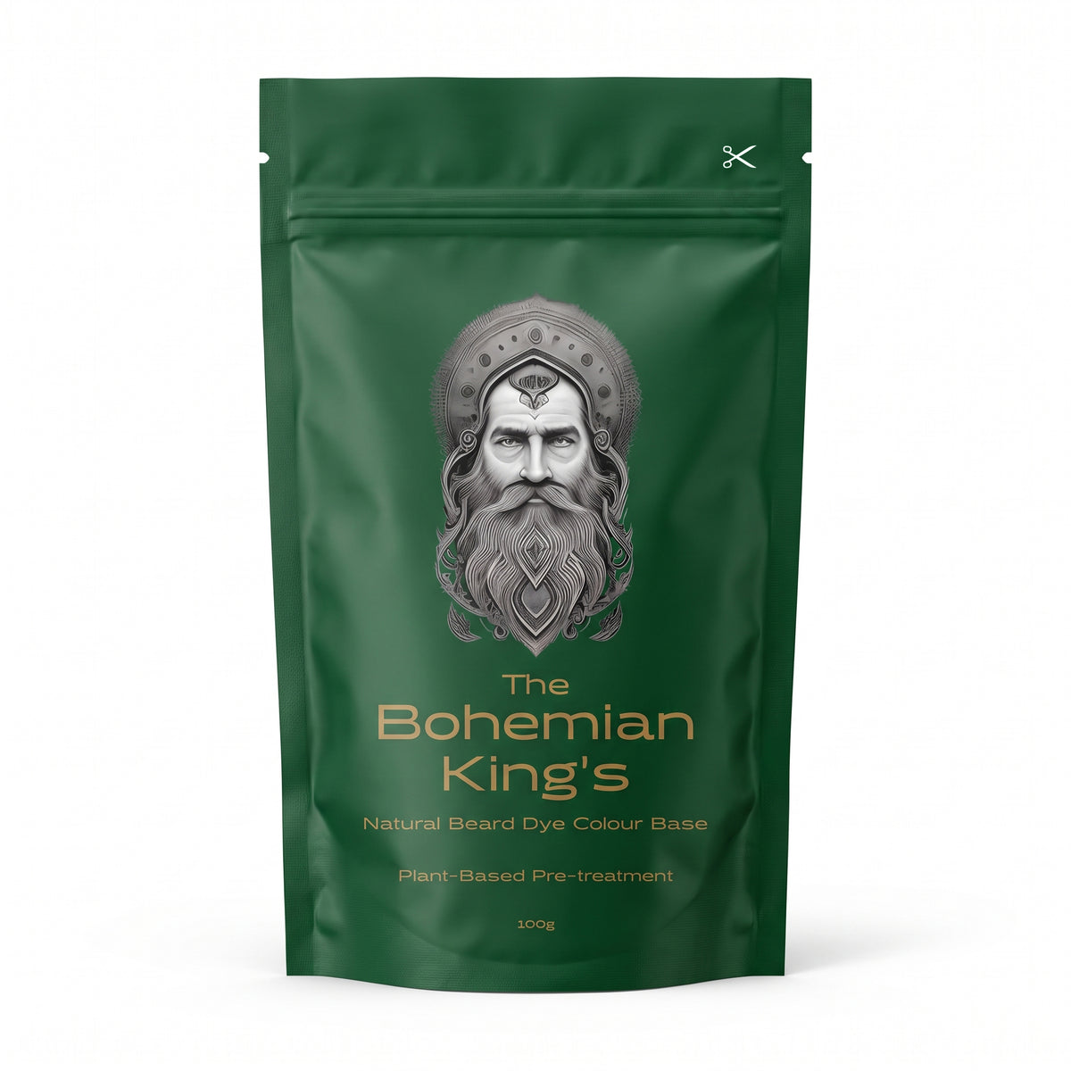 A 100g dark green stand-up pouch of 'The Bohemian King's' Natural Beard Dye Colour Base, featuring a silver-grey illustrated portrait of a bearded man on the front. Formulated with out PPD