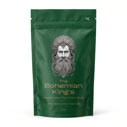 A 100g dark green stand-up pouch of 'The Bohemian King's' Natural Beard Dye Colour Base, featuring a silver-grey illustrated portrait of a bearded man on the front. Formulated with out PPD
