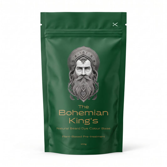 A 100g dark green stand-up pouch of 'The Bohemian King's' Natural Beard Dye Colour Base, featuring a silver-grey illustrated portrait of a bearded man on the front. Formulated with out PPD