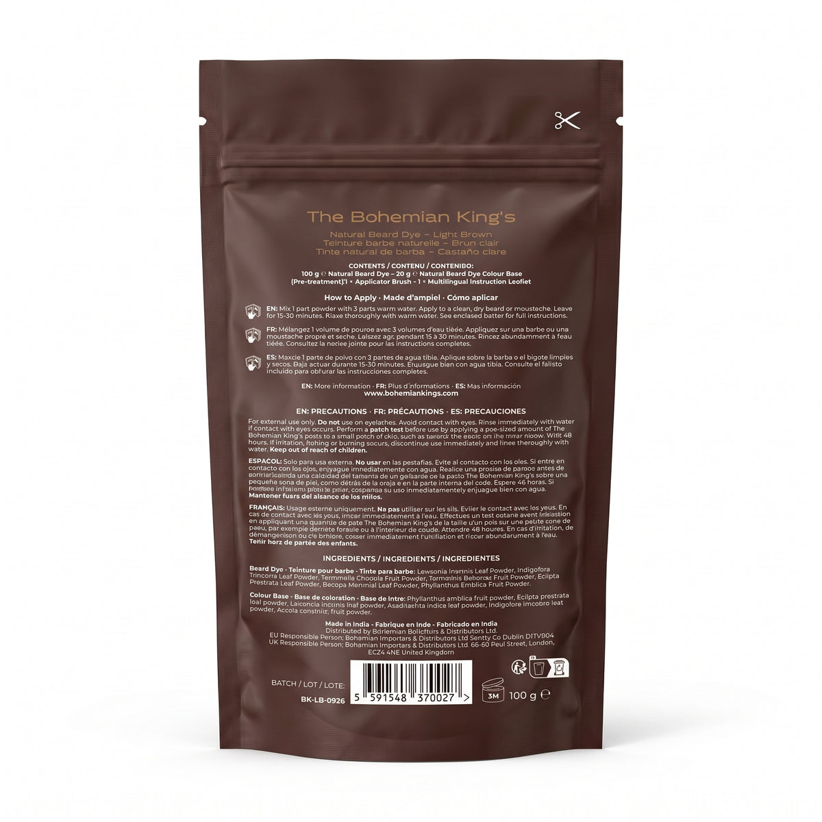 The back of a dark brown stand-up pouch for The Bohemian King's Natural Beard Oils, showing product details, ingredients, and instructions in white text, on a white background.