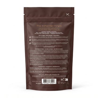 The back of a dark brown stand-up pouch for The Bohemian King's Natural Beard Oils, showing product details, ingredients, and instructions in white text, on a white background.