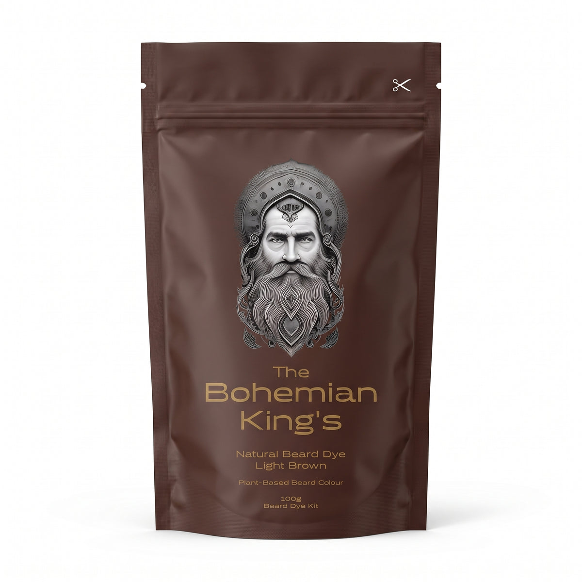 A stand-up pouch of 'The Bohemian King's' Natural Beard Dye in Light Brown, featuring a metallic silver illustration of a bearded king's face on a dark brown background.