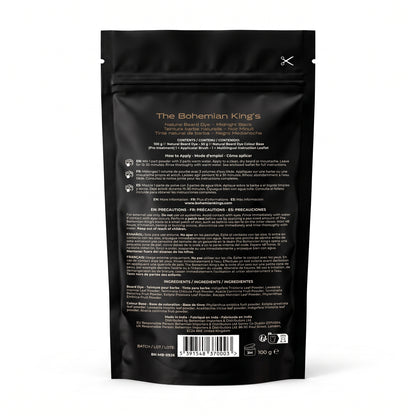 The back of a black resealable pouch package for The Bohemian King's Natural Beard Balm, featuring product details, instructions, and a barcode on a white background.