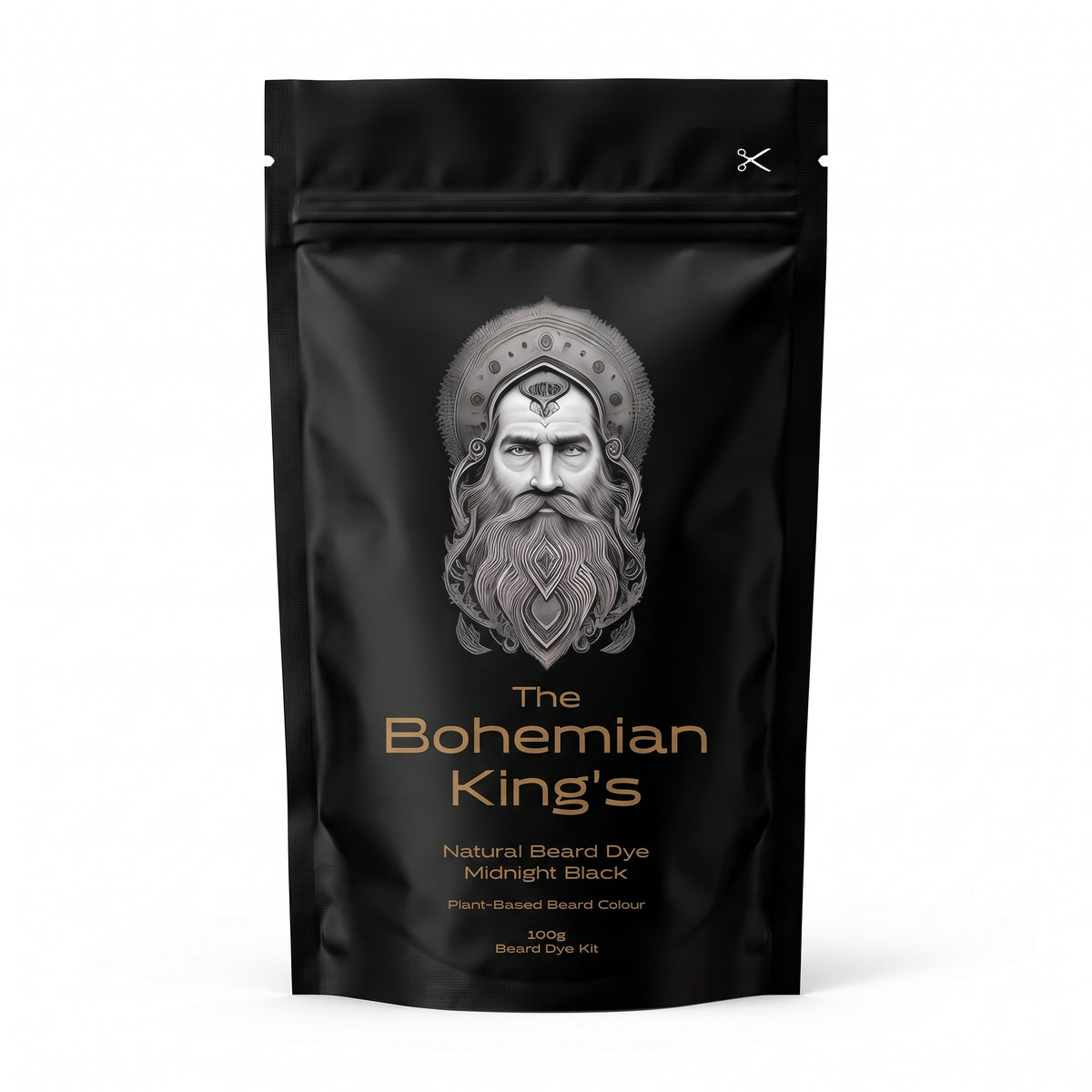 A black stand-up pouch package for 'The Bohemian King's Natural Beard Dye' in Midnight Black, featuring a detailed silver illustration of a bearded man's face on the front.