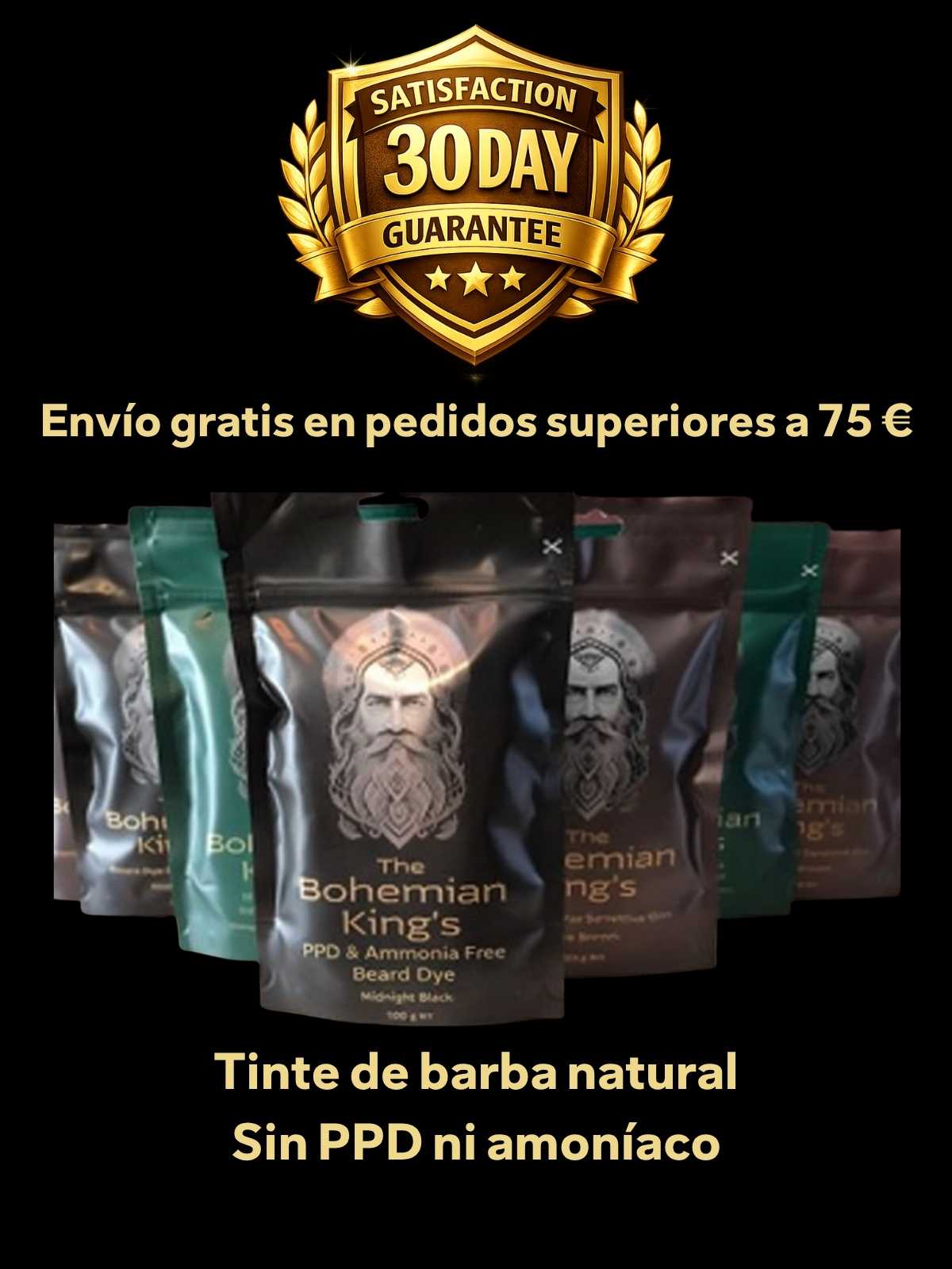 Bohemian King's beard dye packaging with satisfaction guarantee badge on a black background